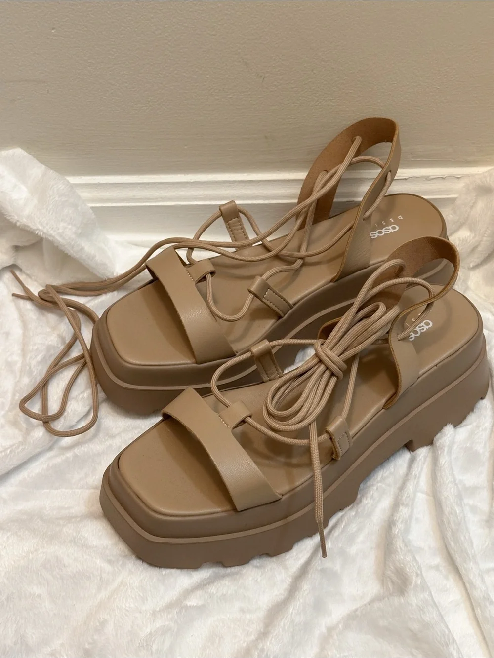ASOS Design Tan Toni Tie Leg Flatform Strappy Lace Up Platform Chunky Sandals